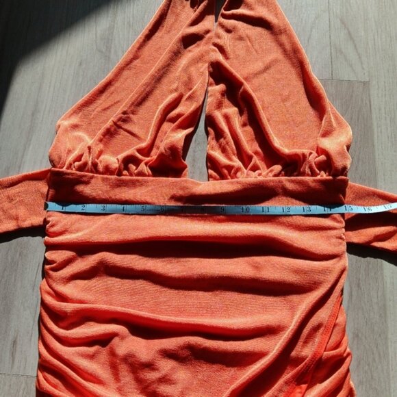 Princess Polly Bodycon Halter Dress Low Back Side Ruching Shimmer Orange Size 10 - Picture 10 of 12